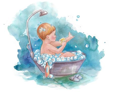 A little boy is bathing in the bathroom. A clean kid. Watercolor illustration for postcards.