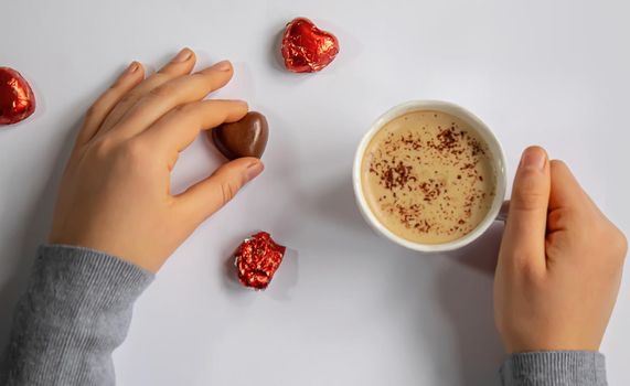 Cup drink for Breakfast in the hands of lovers. Selective focus.people