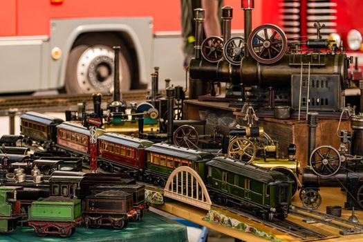 Brno Czech Republic - June 4, 2021 A small model of a steam locomotive on rails. Depot