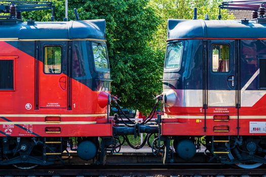 Hodonin, Czech Republic - May 14, 2022: Two diesel locomotives facing each other