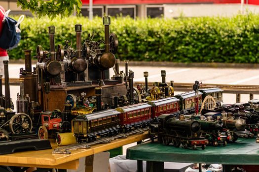 Brno Czech Republic - June 4, 2021 A small model of a steam locomotive on rails. Depot