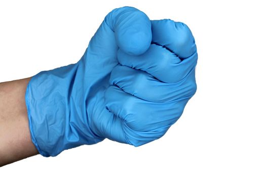 Isolated hand in a blue medical glove clenched into a fist on a white background..