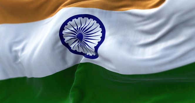 Detailed close up of the national flag of India waving. Democracy and politics. South Asian country. Selective focus.