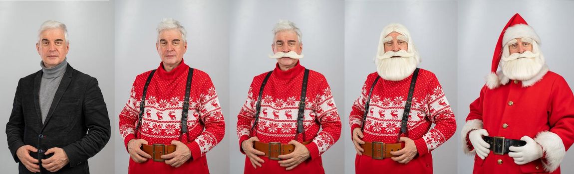 Collage of an elderly man gradually dressing up as santa claus for christmas