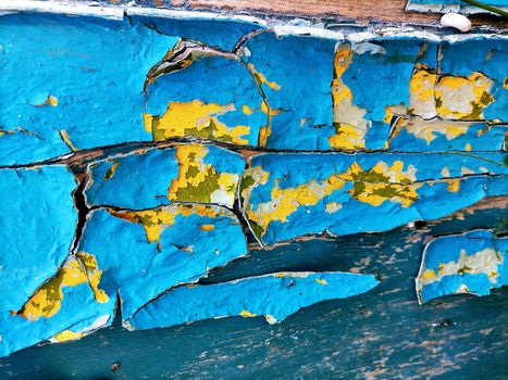 Abstration of the flag of Ukraine on a wall with a crack. A crisis. Dirty old yellow and blue wood background. Texture of wood use as natural background. Flag of Ukraine. High quality photo