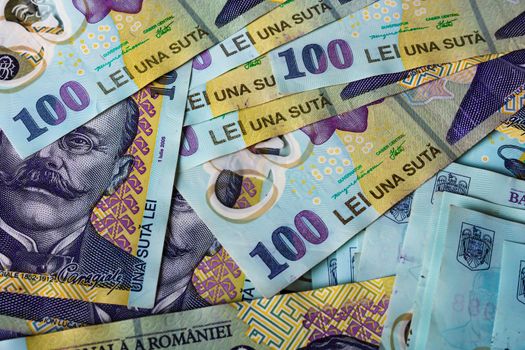 Stack of LEI Romanian money. RON Leu Money European Currency