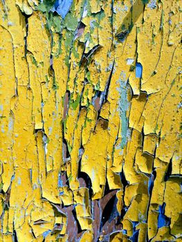 Abstration of the flag of Ukraine on a wall with a crack. A crisis. Dirty old yellow and blue wood background. Texture of wood use as natural background. Flag of Ukraine. High quality photo