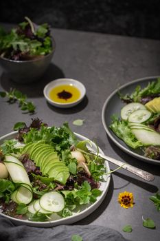 Fresh summer salad with cucumber, melon, avocado and fresh oregano served on ceramic plates.