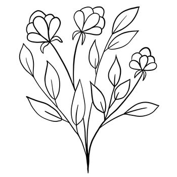 Hand drawn floral flower leaves illustration, black white elegant wedding ornament, Line art minimalism tattoo style design summer spring nature branch foliage blossom