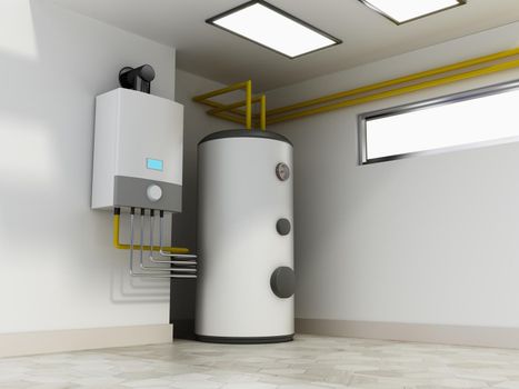 Electric water heaters connected with industrial water pipes. 3D illustration.