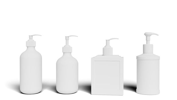 Set white cosmetic bottles packaging mockup, ready for your design, illustration. 3d rendering