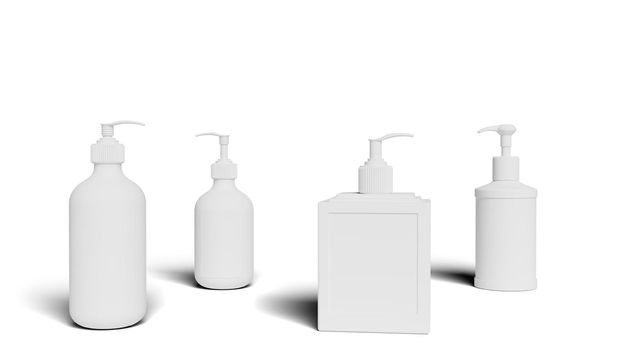 Set white cosmetic bottles packaging mockup, ready for your design, illustration. 3d rendering