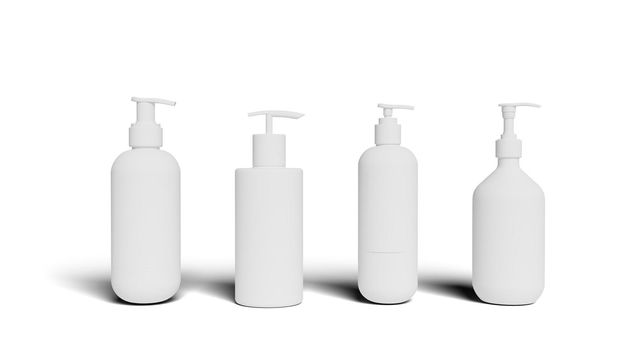 Set white cosmetic bottles packaging mockup, ready for your design, illustration. 3d rendering