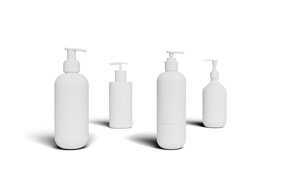 Set white cosmetic bottles packaging mockup, ready for your design, illustration. 3d rendering