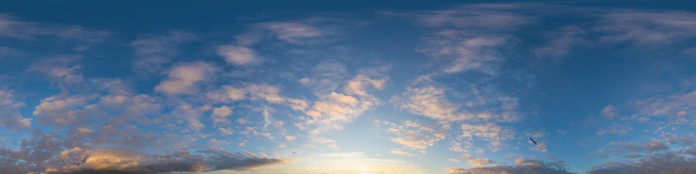 Dark blue twilight sky panorama with Cumulus clouds. Seamless hdr 360 panorama in spherical equiangular format. Full zenith or sky dome for 3D visualization, sky replacement for aerial drone panoramas