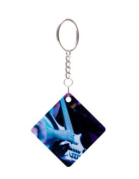 Print example on square key holder with metal ring isolated on white background