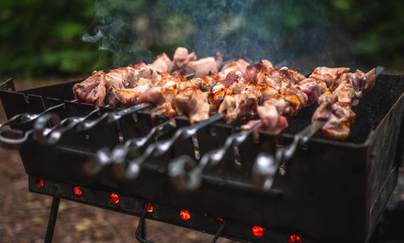 Barbecue with grilled meat on skewer on brazier outside at summertime. Preparing pork steaks during picnic at the nature