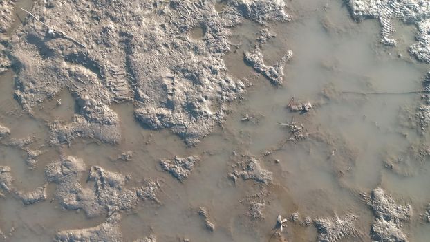 Dirty wet sand, grunge horizontal shabby background close-up. Blurry image of sand pattern. Abstract nature background.