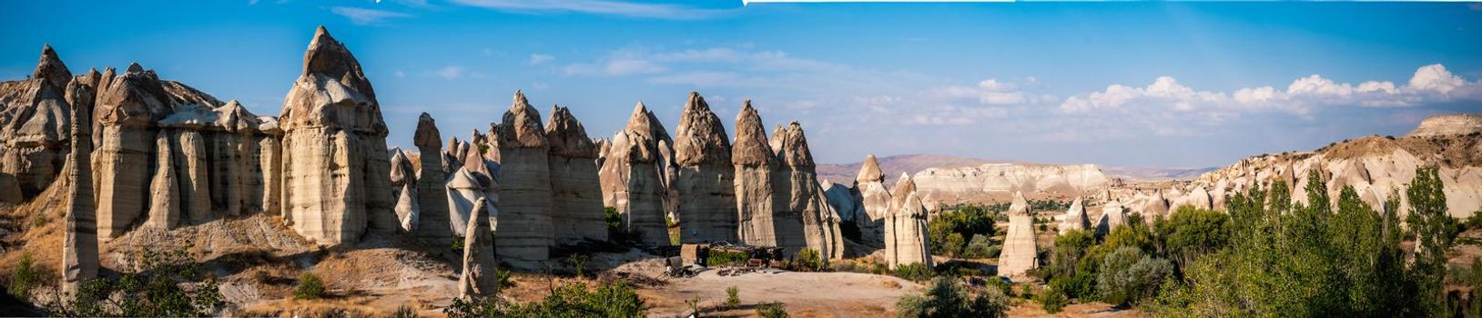Scenic view of Love valley with chimney rocks in Cappadocia, Turkey