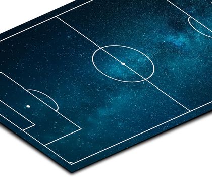Concept of football field. Soccer field illustration on white canvas. Starry sky cosmo realistic texture top view on white background.