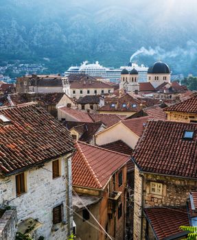 Kotor, Montenegro beautiful cityscape view from above. Ancient adriatic city and mountains