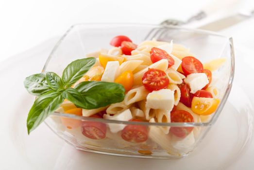 bright and tasty pasta salad with fresh mozarella and cherry tomatoes, basil
