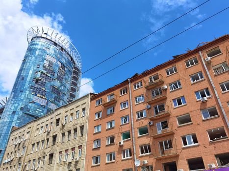 Kyiv, Ukraine - July 10, 2022: The building renovation after Russian rocket attack on Kyiv.