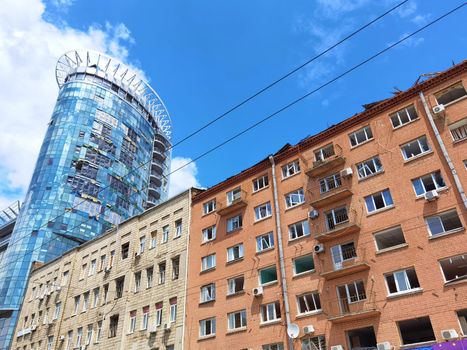 Kyiv, Ukraine - July 10, 2022: The building renovation after Russian rocket attack on Kyiv.