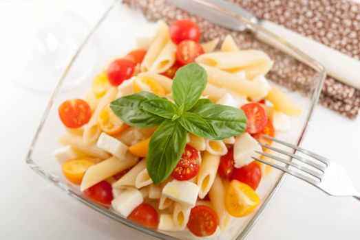 bright and tasty pasta salad with fresh mozarella and cherry tomatoes, basil