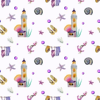 Nautical seamless pattern with lighthouse, lifebuoy, marine knot, letter in a bottle, starfish, shells and bubbles on wave blue background. Great for textile, wallpaper, fabric, wraping.