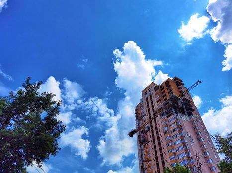 Kyiv, Ukraine - July 10, 2022: The building renovation after Russian rocket attack on Kyiv