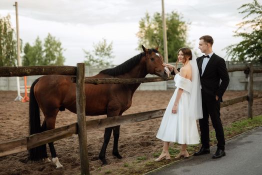 young couple the groom in a black suit and the bride in a white short dress on a walk in the village