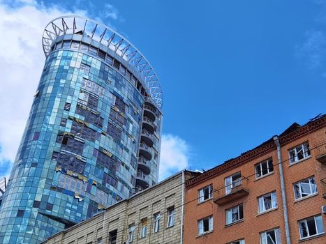Kyiv, Ukraine - July 10, 2022: The building renovation after Russian rocket attack on Kyiv.