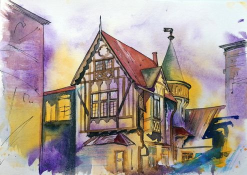 Facades of half-timbered buildings in the medieval town of Germany, watercolor illustration