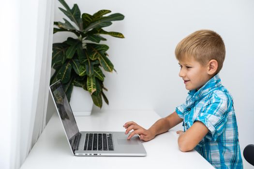 Boy video conferencing with tutor on laptop at home. Distance education concept