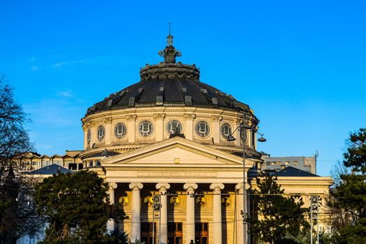 Detail view over the Romanian Athenaeum or Ateneul Roman, in the center of Bucharest capital of Romania