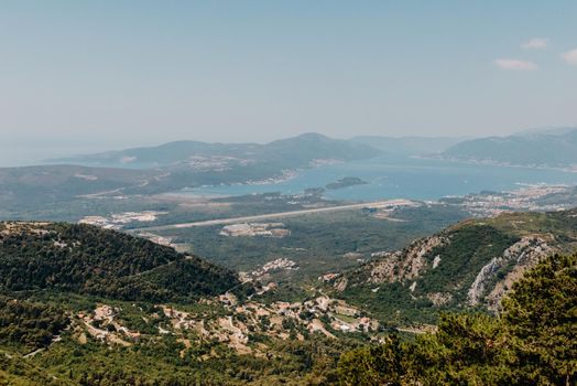 Beautiful nature mountains landscape. Kotor bay, Montenegro. Views of the Boka Bay, with the cities of Kotor and Tivat with the top of the mountain, Montenegro.