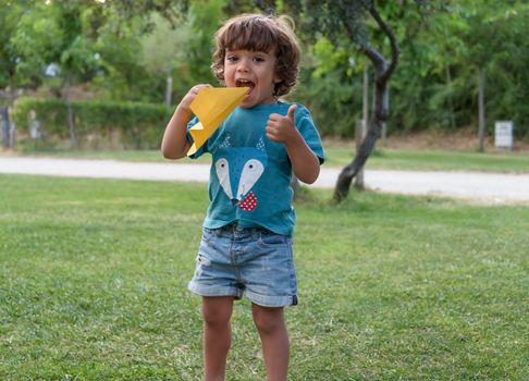 Boy playing toss paper plane outdoors looking away. Portrait of a cheerful caucasian boy playing in the spring and summer park having fun on the weekend