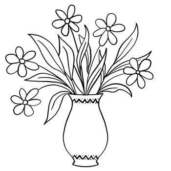 Hand drawn floral flower vase leaves illustration, black white elegant wedding ornament, Line art minimalism style design summer spring nature branch foliage blossom