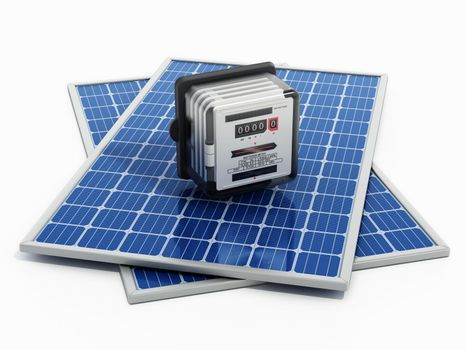 Solar panels and electricity meter isolated on white background. 3D illustration.