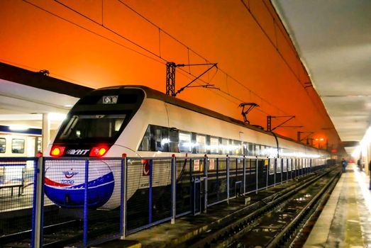 24 December 2010, Eskisehir, Turkey Tgv Fast train on the apron of Eskisehir train station in the night