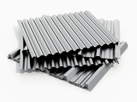 Corrugated metal sheets isolated on white background. 3D illustration.