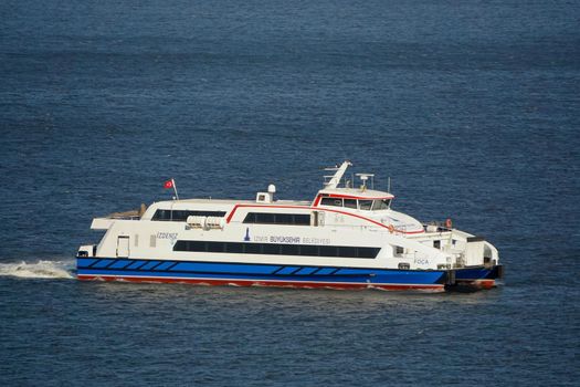 22 July 2021 Izmir Turkey. Ferry transporting in the morning