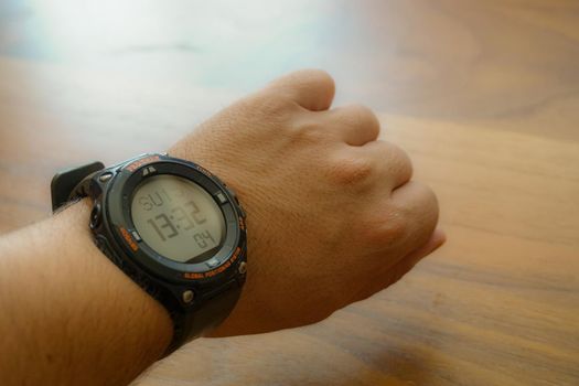 15 August 2021 Eskisehir Turkey. Casio F20 Protrek Smartwatch on man's wrist close up view