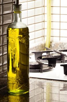 Olive oil bottle in the kitchen