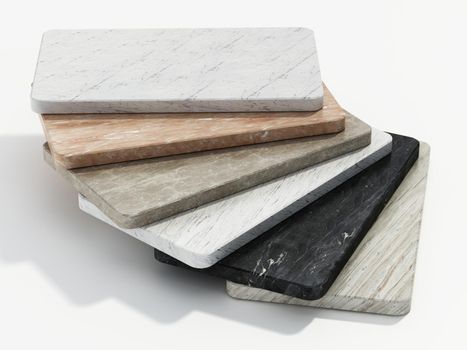 Natural stone samples with various texture options. 3D illustration.