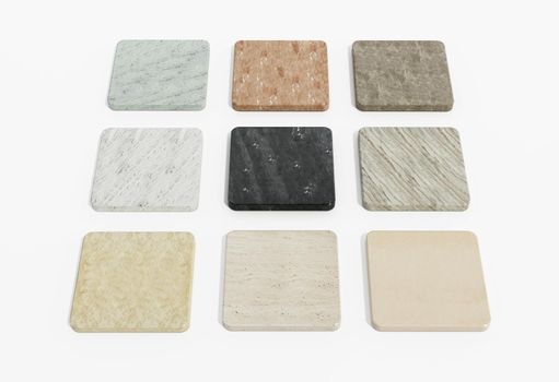 Natural stone samples with various texture options. 3D illustration.