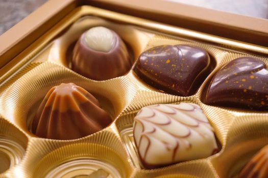 Assorted swiss chocolate close up view