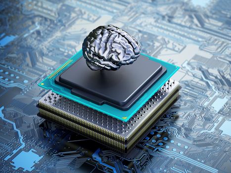 Chrome brain on the CPU installed on the mainboard. 3D illustration.