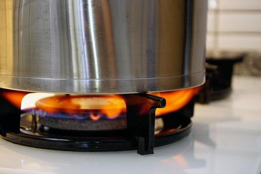 Oven fire with frypan close up view